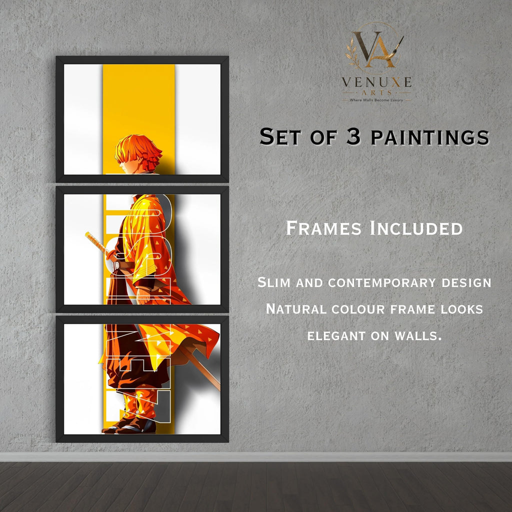 VENUXE ARTS Set Of 3 Anime Characters Wall Framed |Anime Characters Framed Poster for Living Room Bedroom Gaming Room Studio Wall Decor