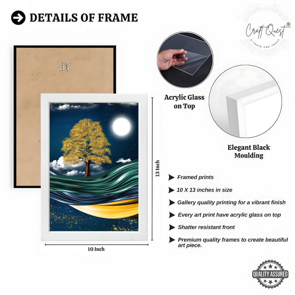 CRAFT QUEST Modern Art With Dark Blue Background & Golden Tree Wall Art | Set of 3 Frames for Home Decoration | Ideal for Living Room, Bedroom & Offices