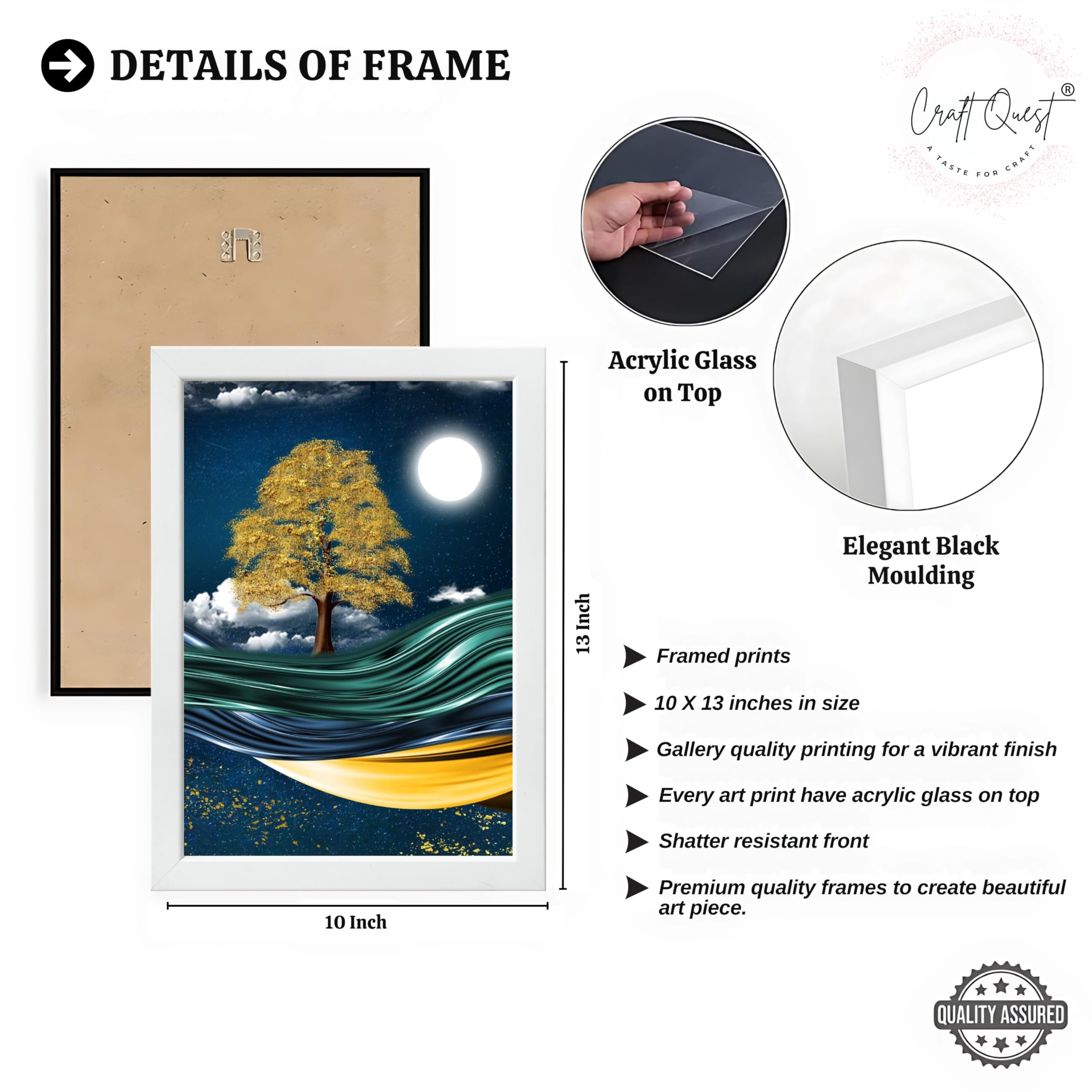 CRAFT QUEST Modern Art With Dark Blue Background & Golden Tree Wall Art | Set of 3 Frames for Home Decoration | Ideal for Living Room, Bedroom & Offices