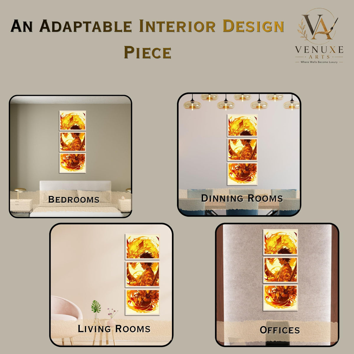VENUXE ARTS Set Of 3 Anime Characters Wall Framed |Anime Characters Framed Poster for Living Room Bedroom Gaming Room Studio Wall Decor