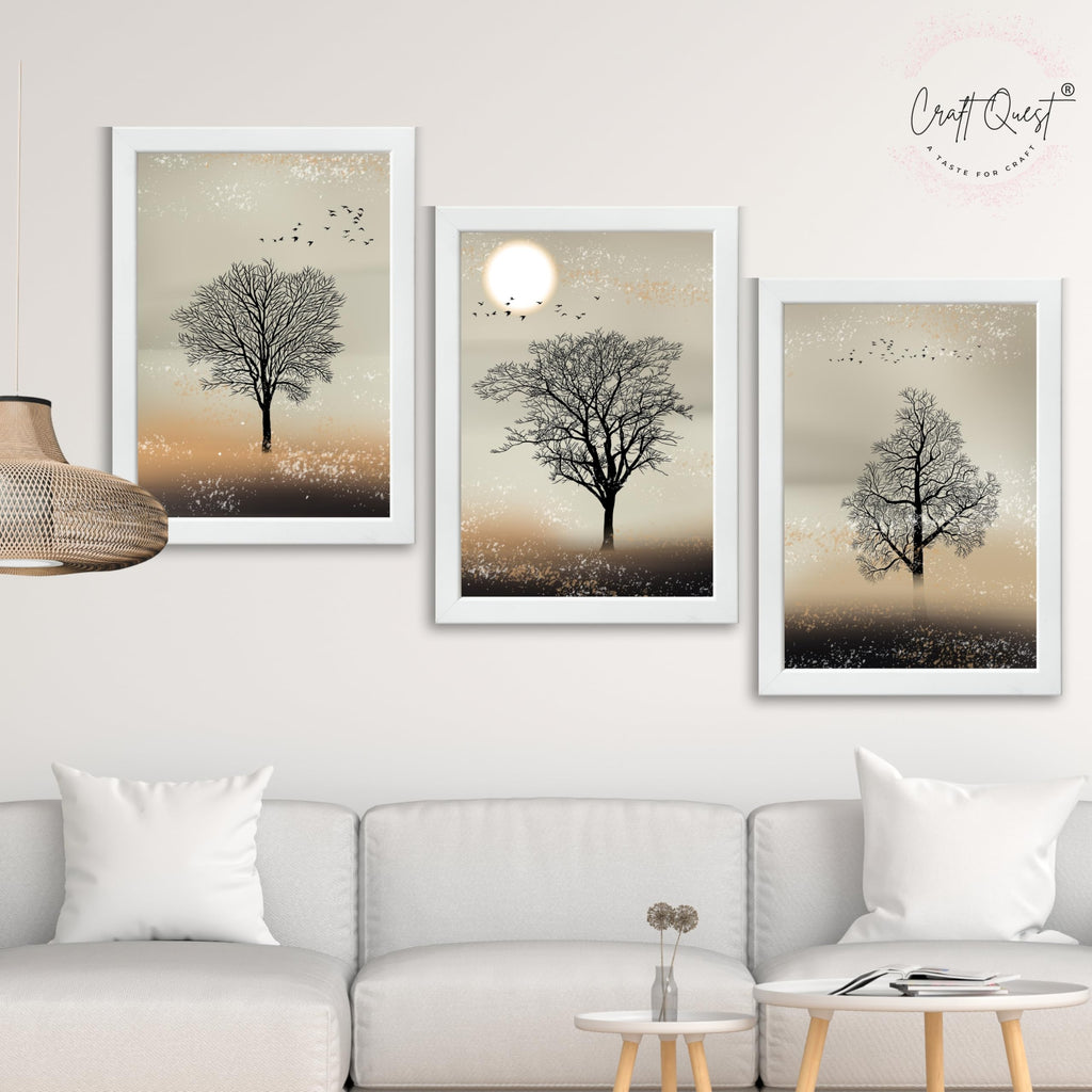 CRAFT QUEST Nature Inspired Landscape With Black Trees Modern Wall Art | Set of 3 Frames for Home Decoration | Ideal for Living Room, Bedroom & Office