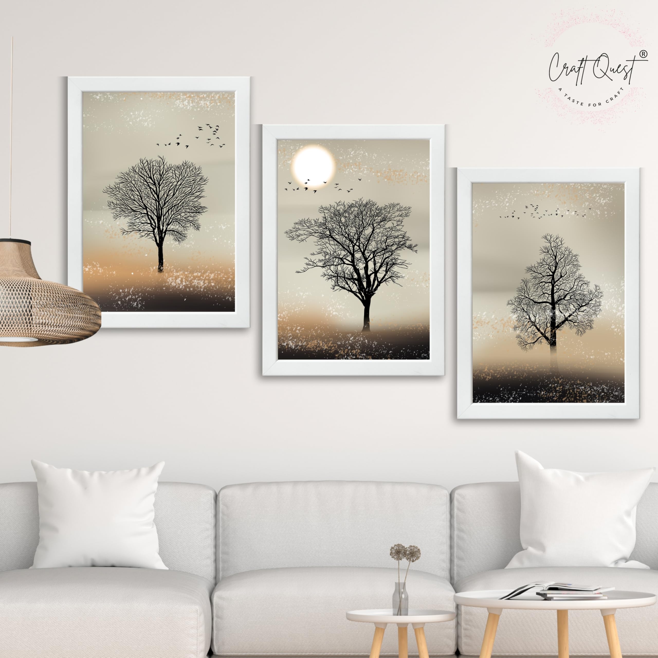CRAFT QUEST Nature Inspired Landscape With Black Trees Modern Wall Art | Set of 3 Frames for Home Decoration | Ideal for Living Room, Bedroom & Office