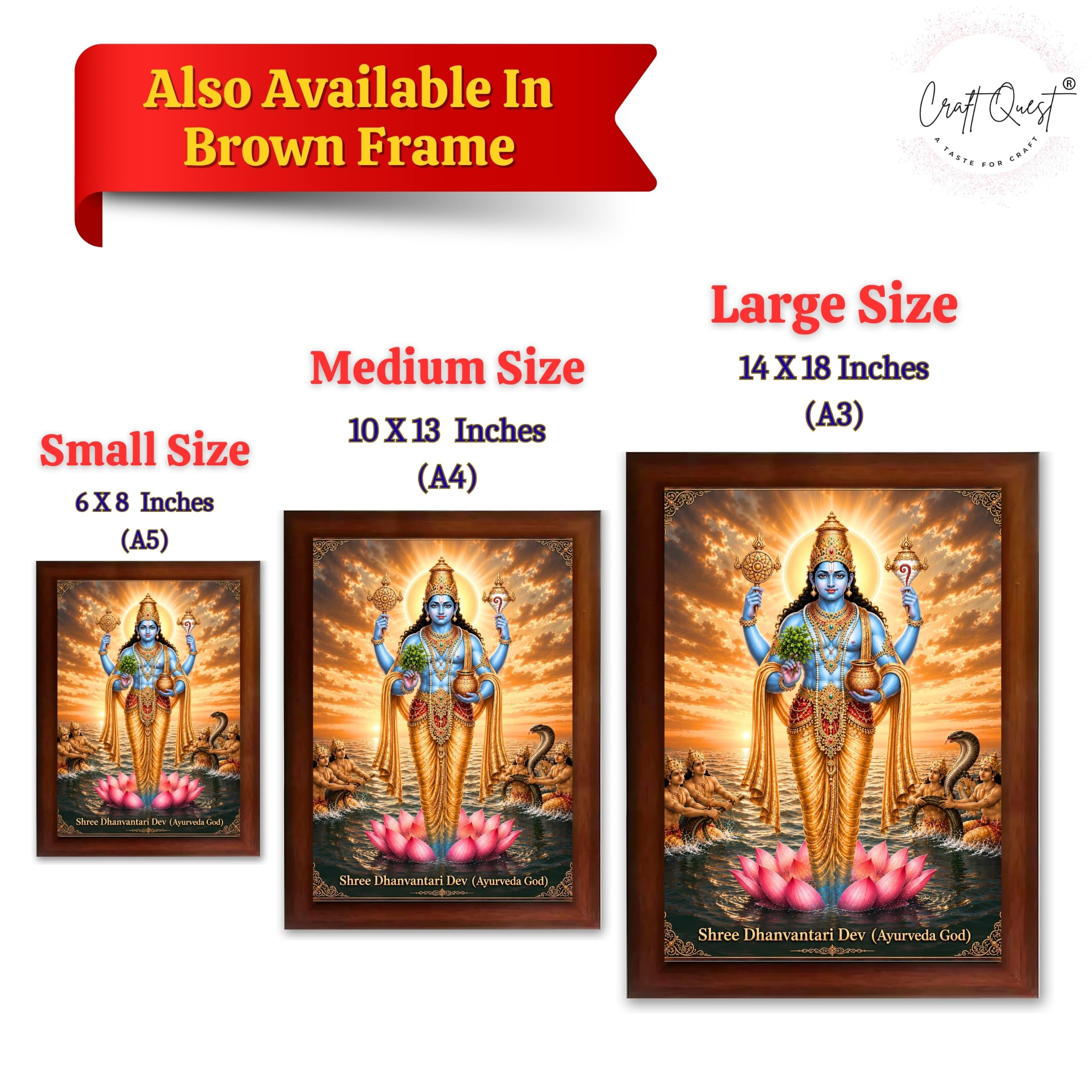 CRAFT QUEST Lord Dhanvantari/Dhanwantari Photo Frame | Hindu God of Ayurveda & Healing | Wooden Framed Wall Art for Home Temple, Office & Clinic Decor | Vastu & Spiritual Gift Item