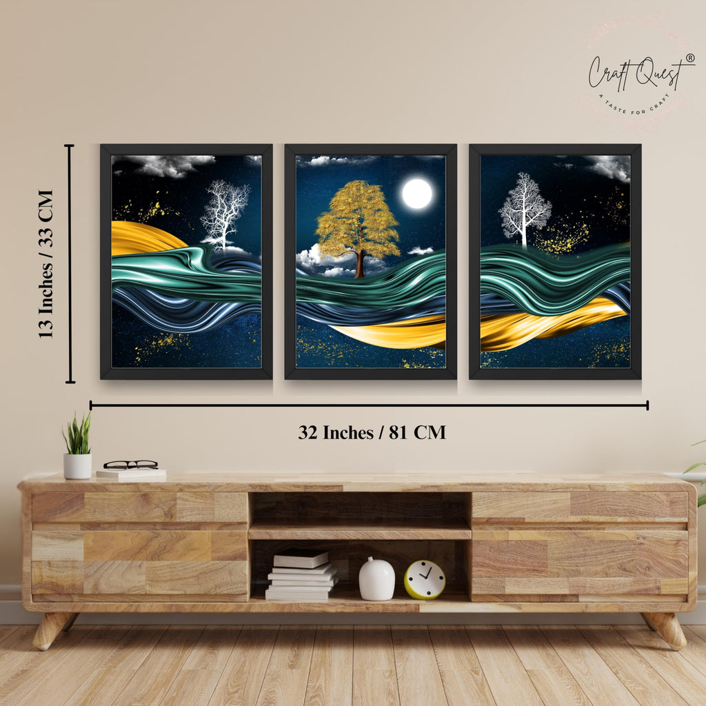 CRAFT QUEST Modern Art With Dark Blue Background & Golden Tree Wall Art | Set of 3 Frames for Home Decoration | Ideal for Living Room, Bedroom & Offices