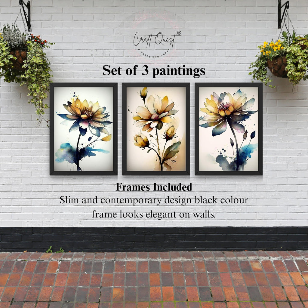 CRAFT QUEST Nature Inspired Triptych Flowers Abstract Wall Art | Set of 3 Frames for Home Decoration | Ideal for Living Room, Bedroom & Office