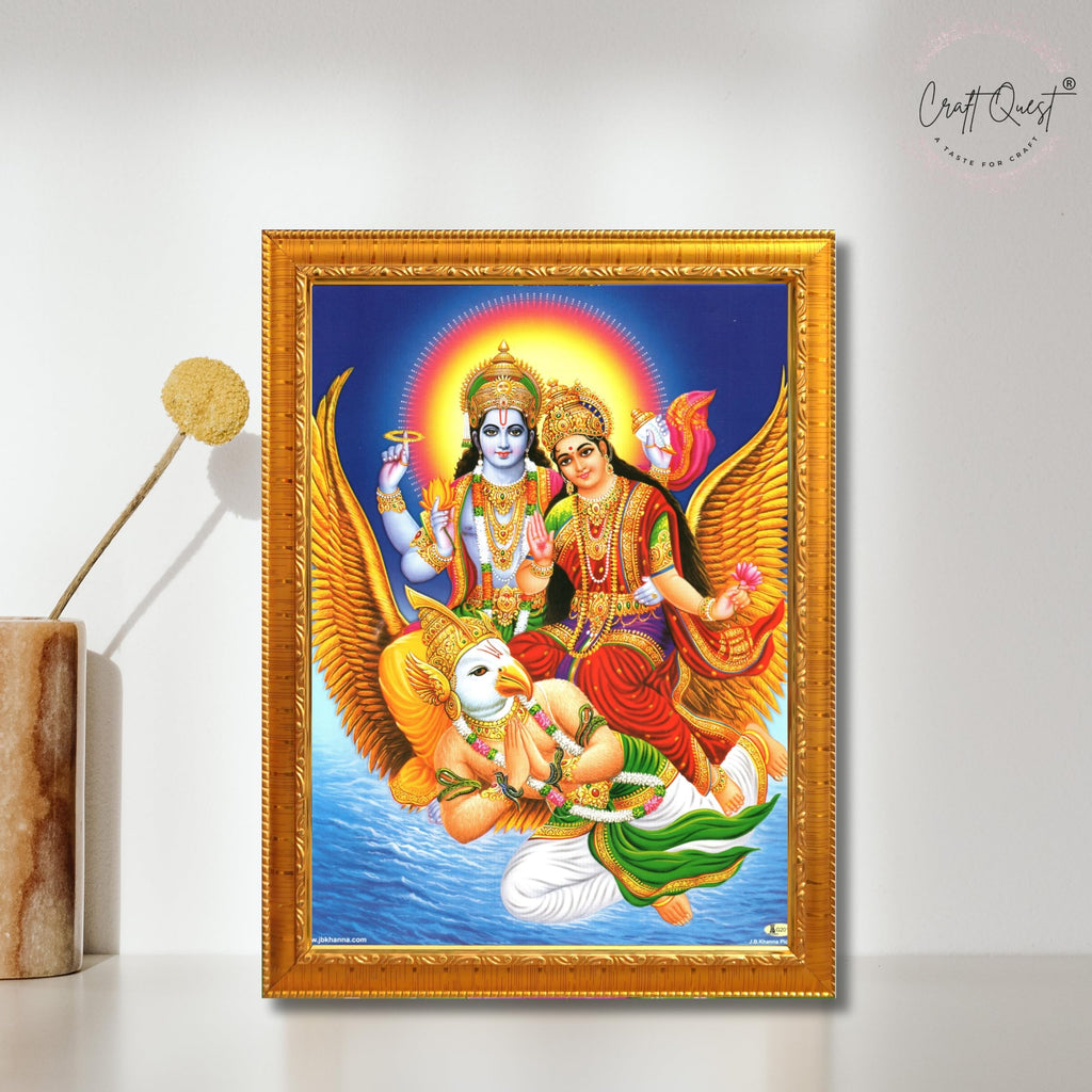 CRAFT QUEST Lord Vishnu and Goddess Lakshmi Giving Blessing on Garud Jii, Glitter Work Painting wooden framed
