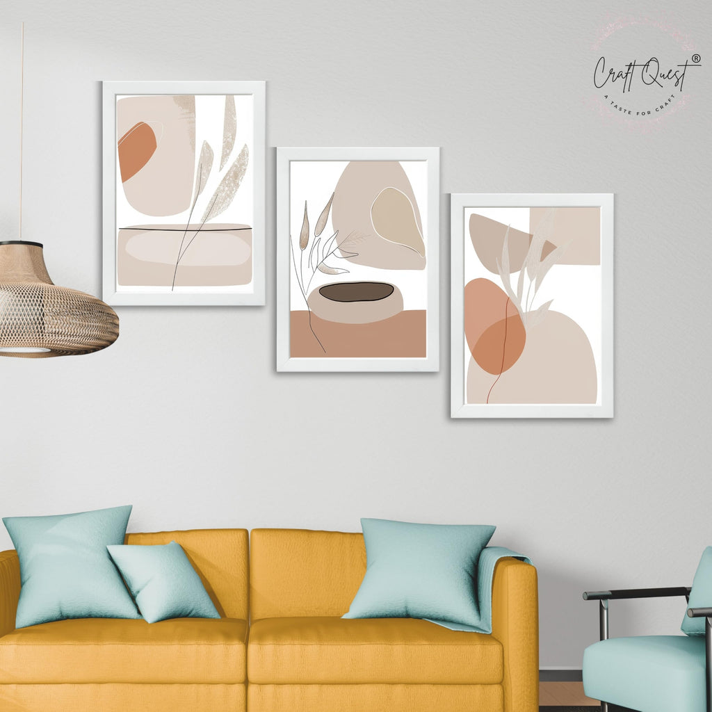 CRAFT QUEST Modern Art White Wall Abstract Wall Art | Set of 3 Frames for Home Decoration | Ideal for Living Room, Bedroom & Offices