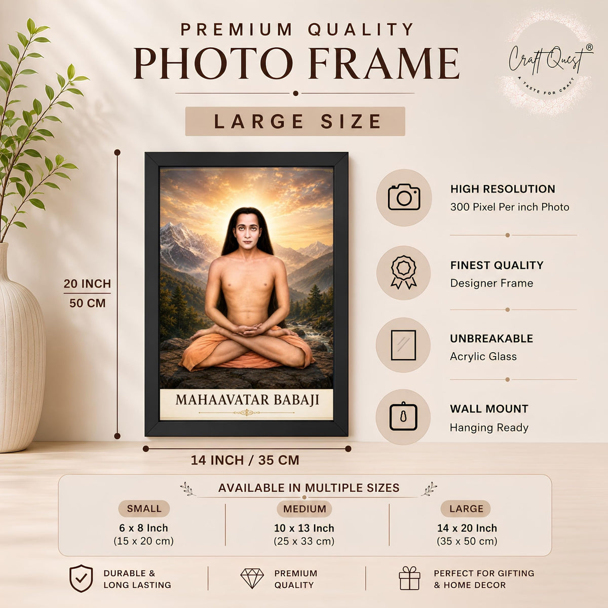 CRAFT QUEST Shree Mahavatar Babaji Portrait Photo Frame for Wall | Spiritual Guru Religious Wall Art | Devotional Photo for Home, Mandir, Puja Room & Gifting