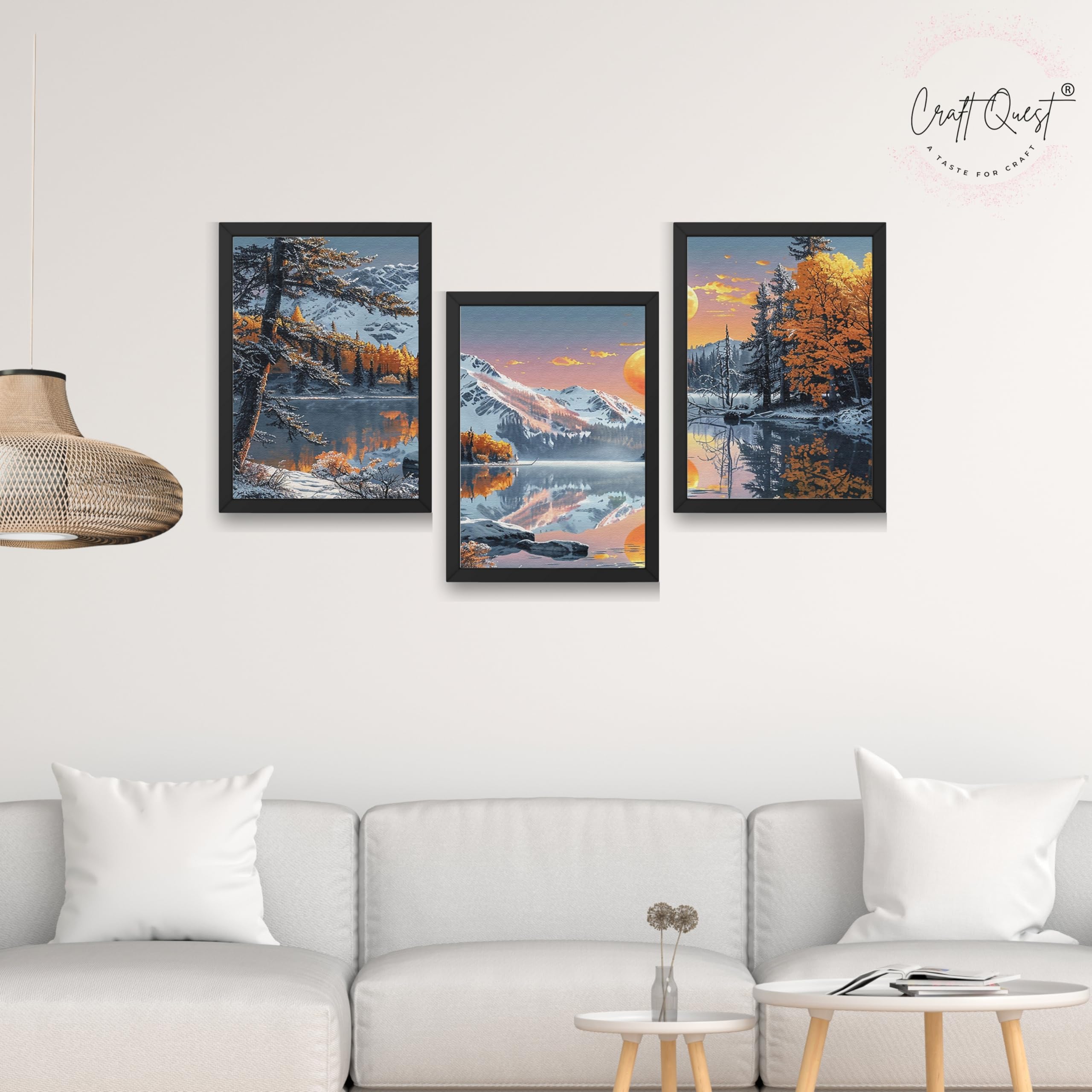 CRAFT QUEST Modern Art Paintings With Lake & Mountains Wall Art | Set of 3 Frames for Home Decoration | Ideal for Living Room, Bedroom & Offices
