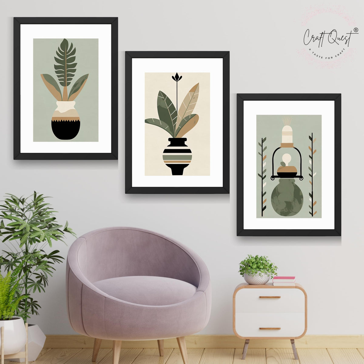 CRAFT QUEST Boho Leaves & Flowers Geometric Abstract | Set of 3 Frames for Home Decoration | Ideal for Living Room, Bedroom & Offices