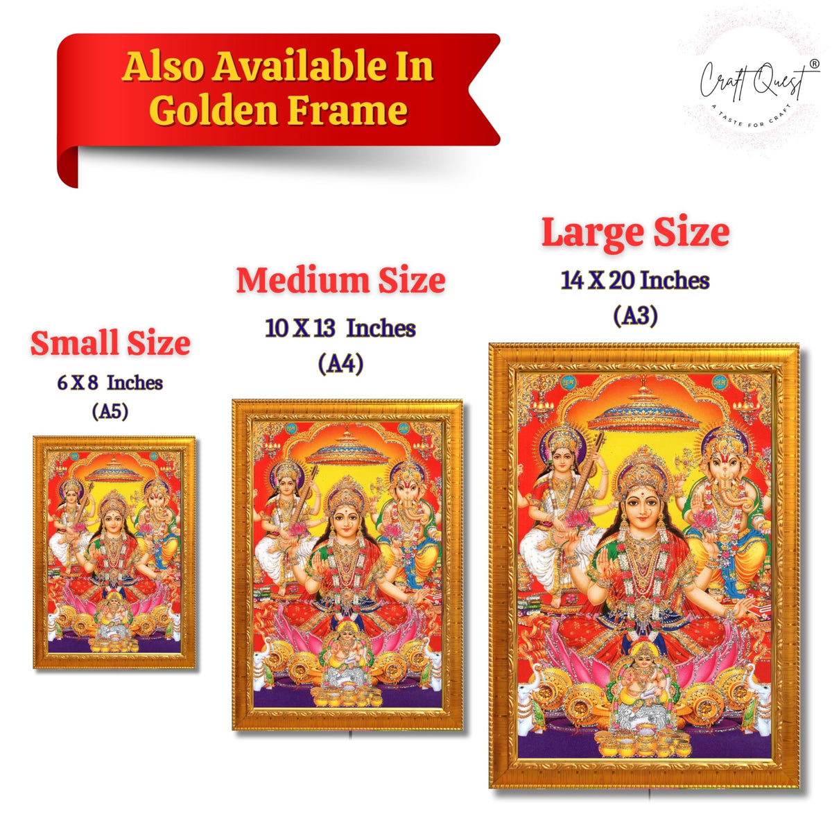 CRAFT QUEST Goddess Laxmi Ganesh Saraswati Religious God Hindu Photo Frame for Diwali,Temple, Pooja, Living Room Home and Decor Item