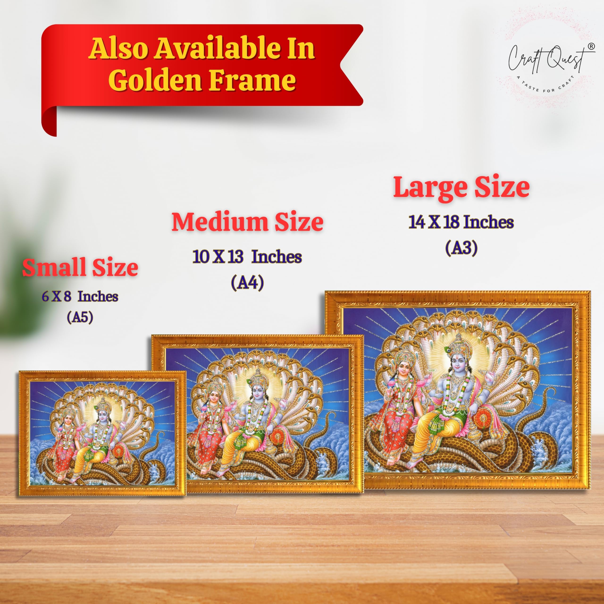 CRAFT QUEST Goddess Lakshmi pressing legs of lord Vishnu on Shesh naag, Glitter Work Painting