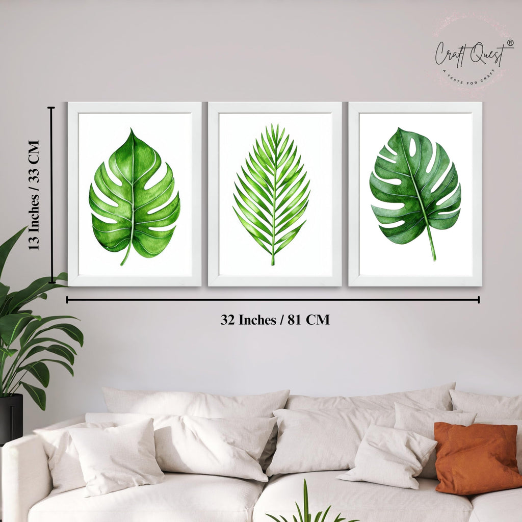 CRAFT QUEST Nature Inspired Exotic Leaves Modern Wall Art | Set of 3 Frames for Home Decoration | Ideal for Living Room, Bedroom & Offices