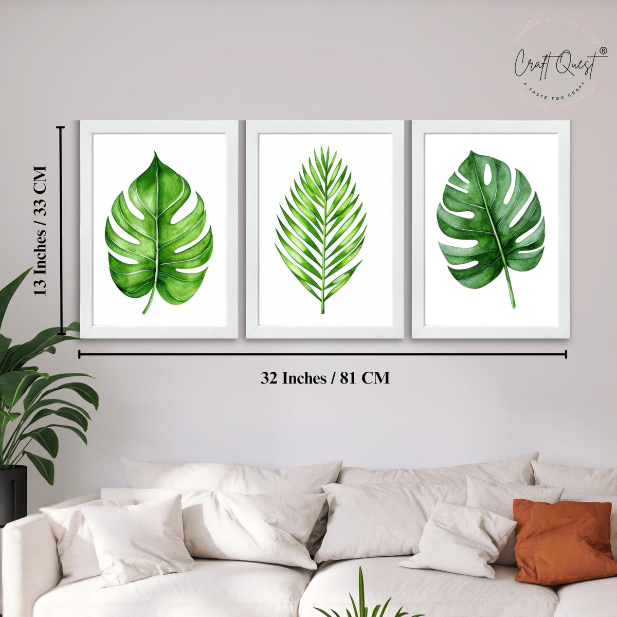 CRAFT QUEST Nature Inspired Exotic Leaves Modern Wall Art | Set of 3 Frames for Home Decoration | Ideal for Living Room, Bedroom & Offices
