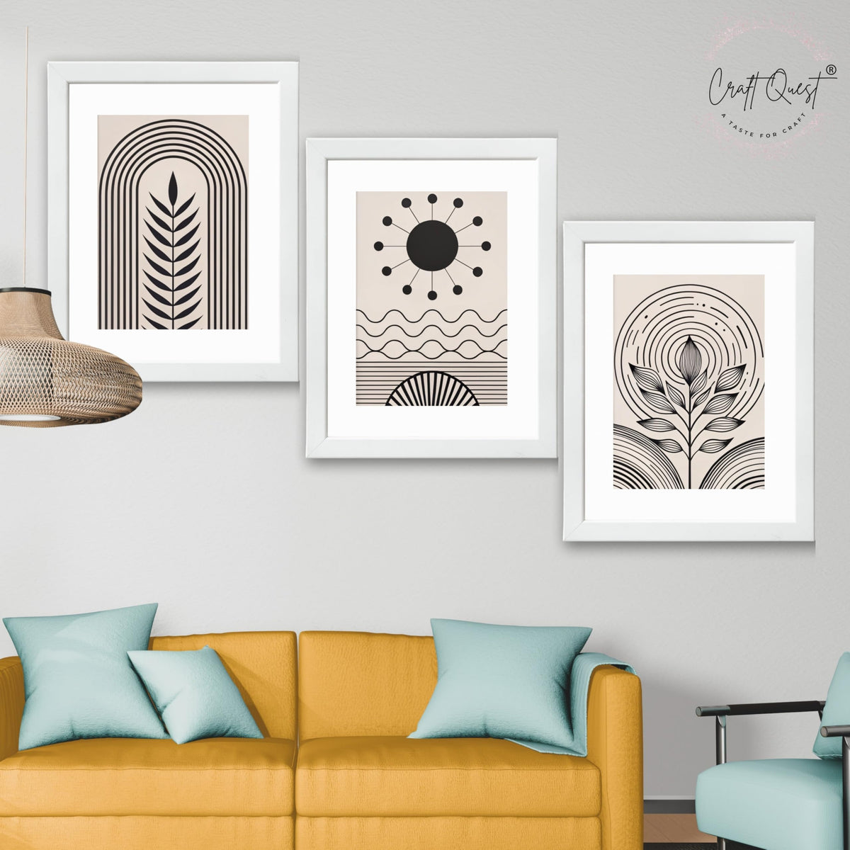 CRAFT QUEST Abstract Series Framed Paintings With Sun | Set of 3 Frames for Home Decoration | Ideal for Living Room, Bedroom & Offices