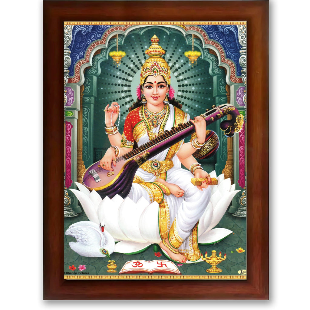CRAFT QUEST Saraswati Devi Goddess Saraswathi Maa Wall Painting Sparkle Coated Framed Home Décor Synthetic wood