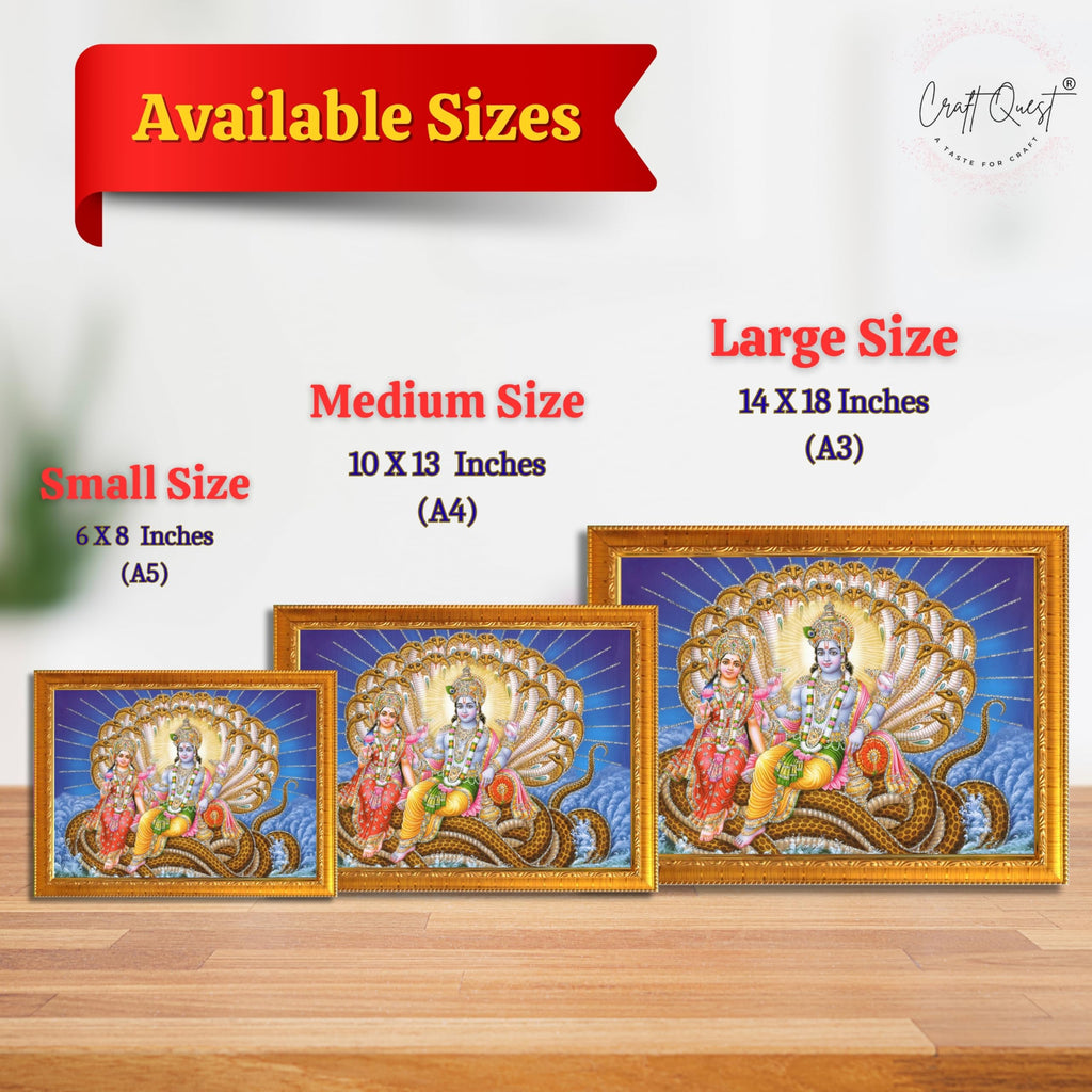 CRAFT QUEST Goddess Lakshmi pressing legs of lord Vishnu on Shesh naag, Glitter Work Painting