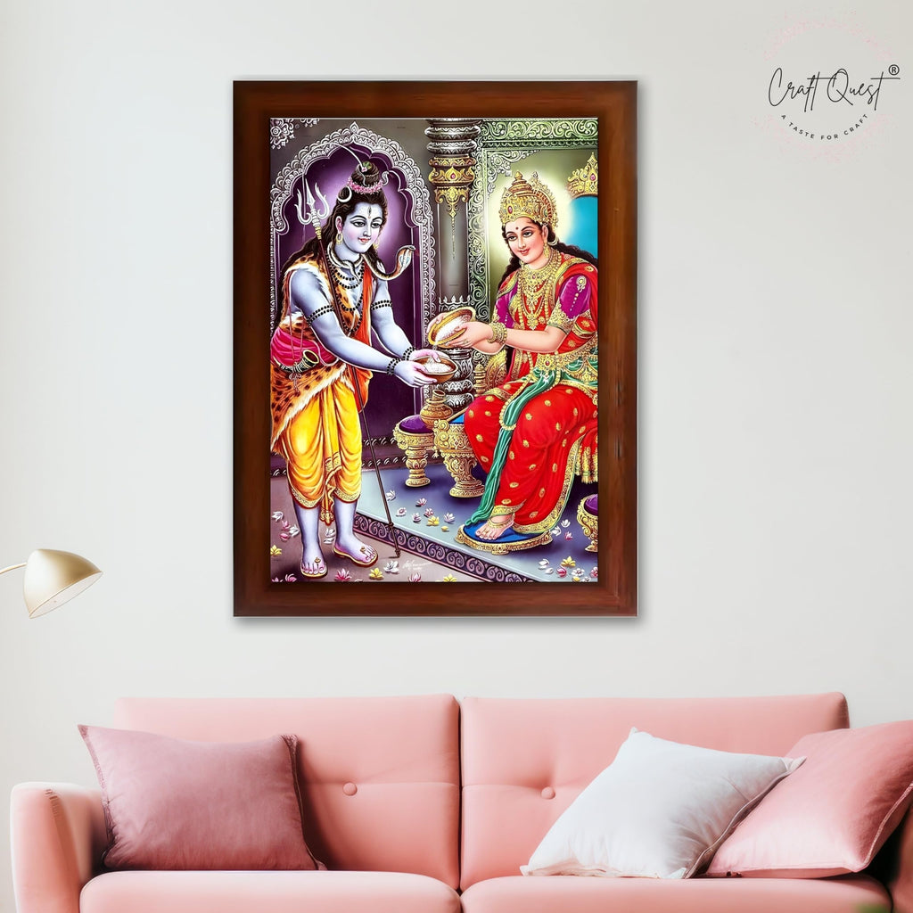 CRAFT QUEST Shiva & Maa Annapurna devi sitting on throne photo frame with Acrylic Glass for Home Kitchen, Restraunt, Business