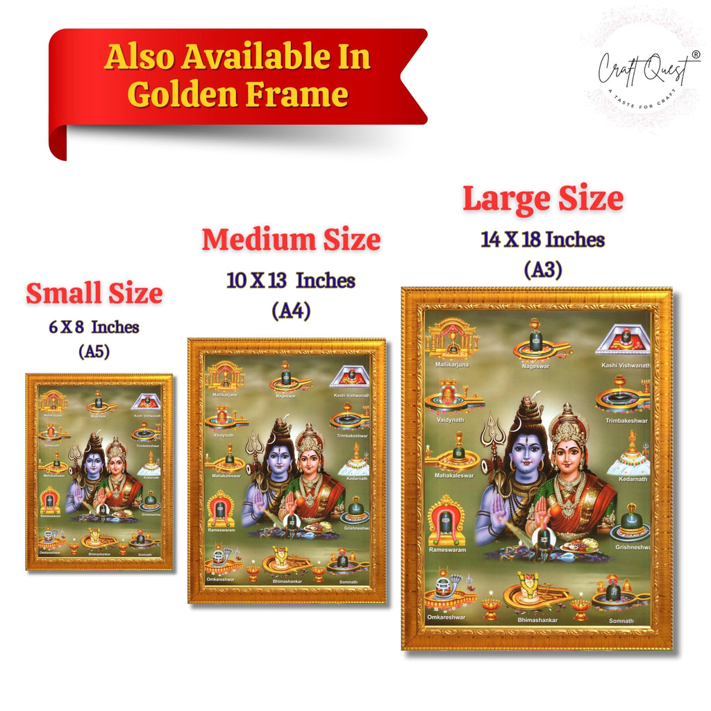 CRAFT QUEST Shiv Parvati Shiva Parvathi With 12 Jyotirling Wall Painting Photo Frame For Temple, Home Décor, Religious Painting