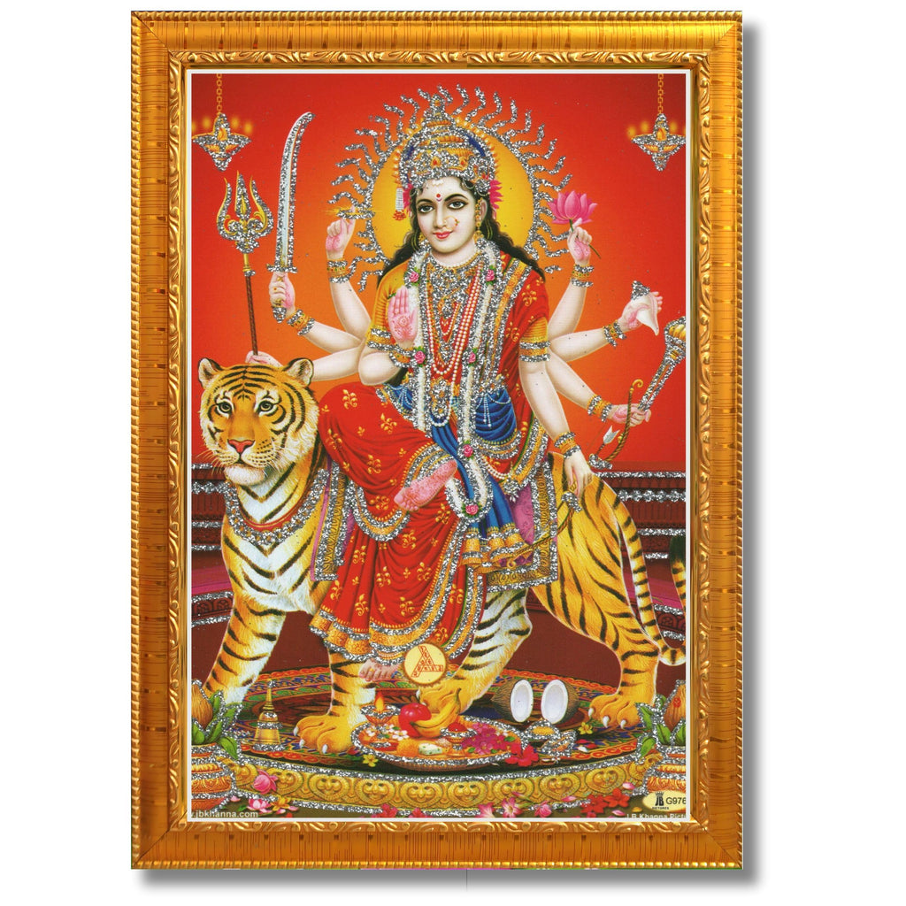 CRAFT QUEST Durga maa photo with Golden frame, God Religious Framed Painting (Small Size, 8 X 6 Inches)