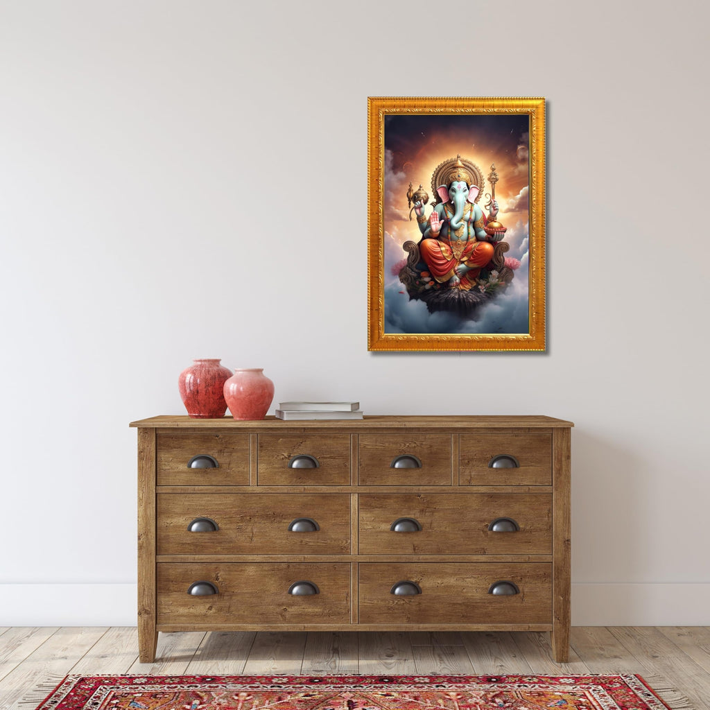 CRAFT QUEST God Ganesha Ganpati ji Photo Frame Wall Decor Mandir Pooja Poster Religious Painting Divine Hindu Temple Decoration Spiritual Blessings Home Office Gift
