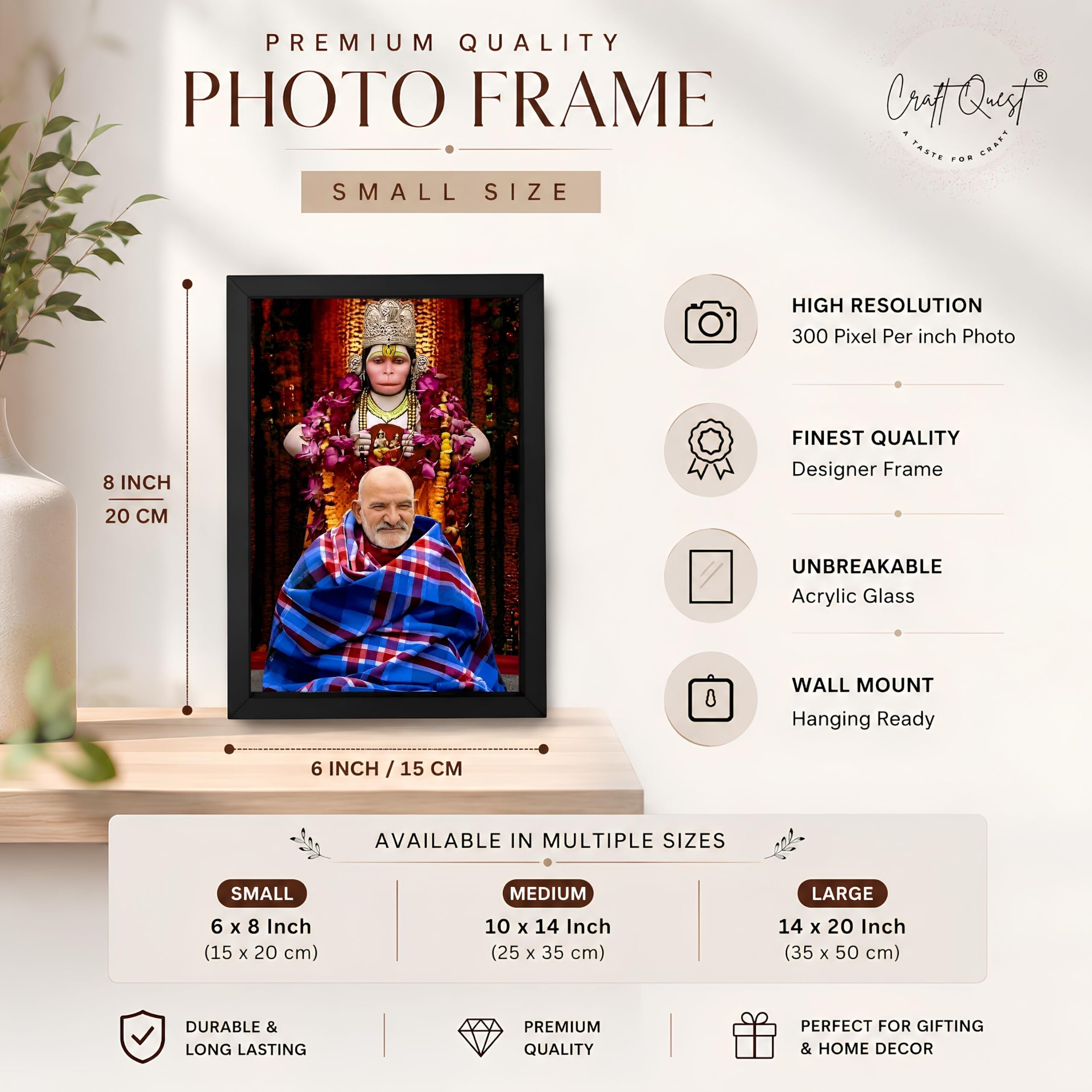 CRAFT QUEST Neem Karoli Baba Maharaj Ji Smiling Portrait Photo Frame for Wall | Spiritual Guru Religious Wall Art | Devotional Photo for Home, Mandir, Puja Room & Gifting