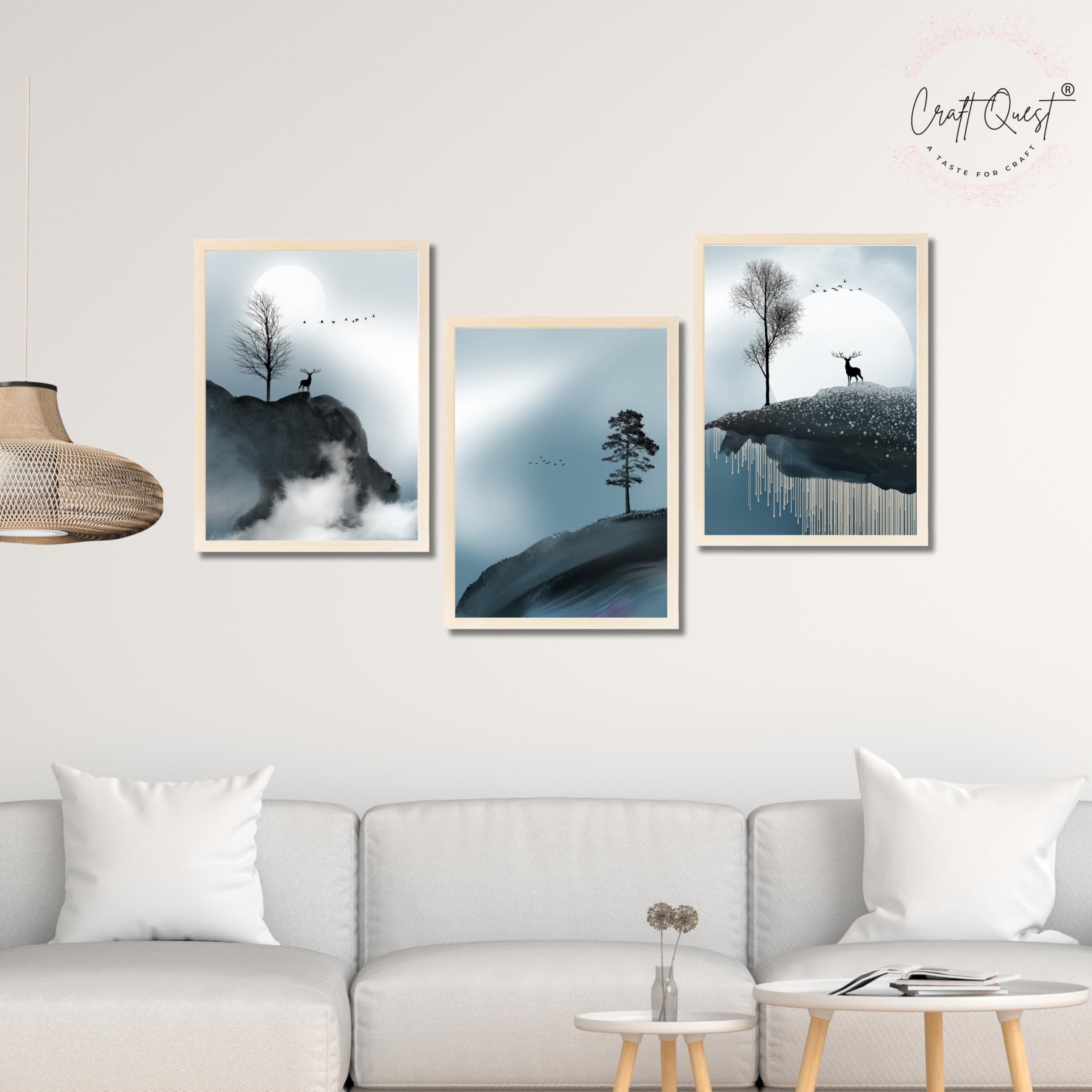 CRAFT QUEST Modern Art Geometric Ink Abstract Wall Art | Set of 3 Frames for Home Decoration | Ideal for Living Room, Bedroom & Offices