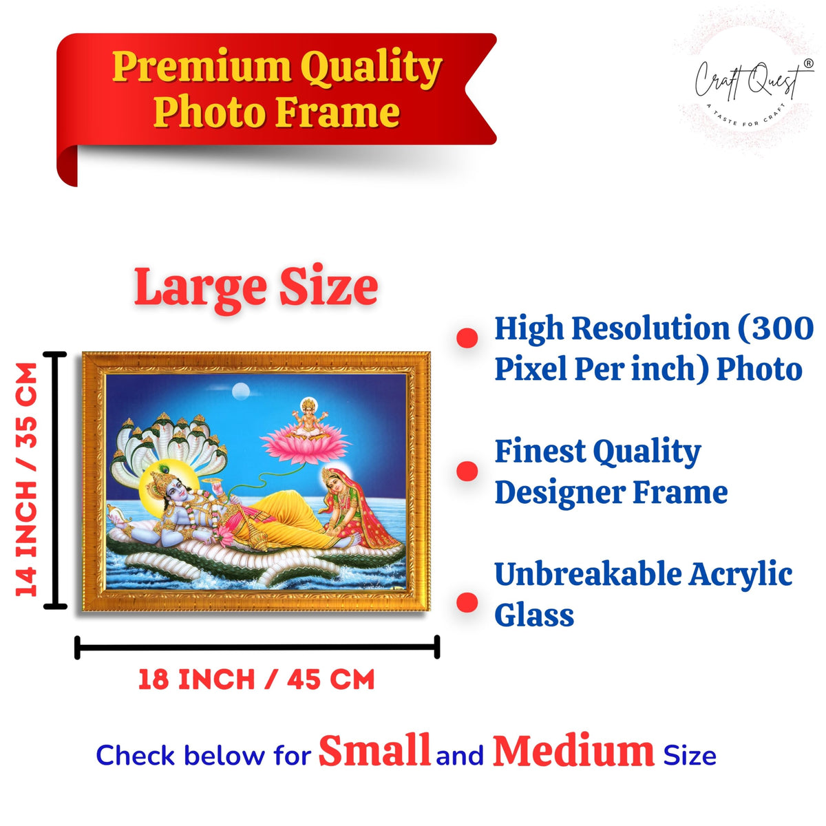 CRAFT QUEST Lord Vishnu and Goddess Lakshmi Giving Blessing on Shesh naag, landscape Glitter Painting with Golden Synthetic Frame