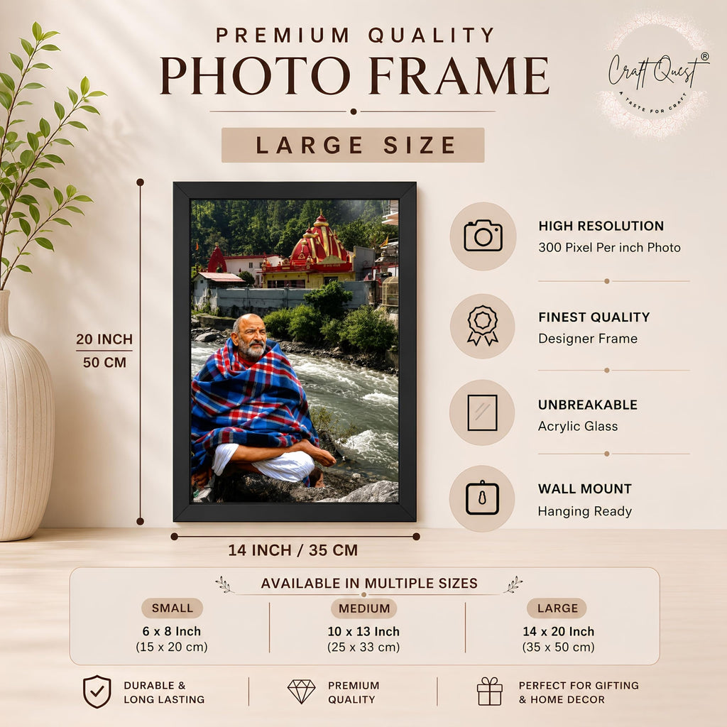 CRAFT QUEST Neem Karoli Baba Maharaj Ji Smiling Portrait Photo Frame for Wall | Spiritual Guru Religious Wall Art | Devotional Photo for Home, Mandir, Puja Room & Gifting