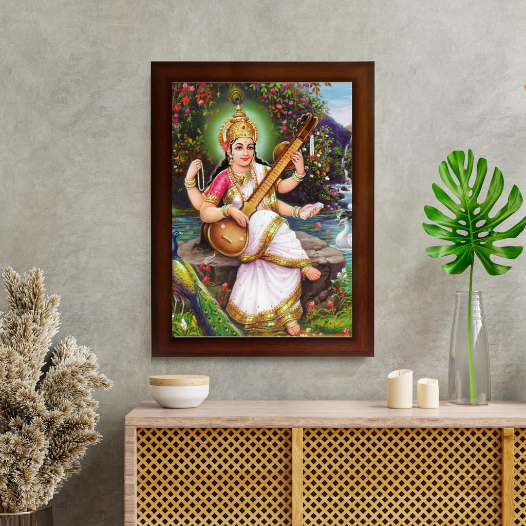CRAFT QUEST Saraswati Devi Goddess Saraswathi Maa Wall Painting Framed Home Décor Synthetic wooden Framed