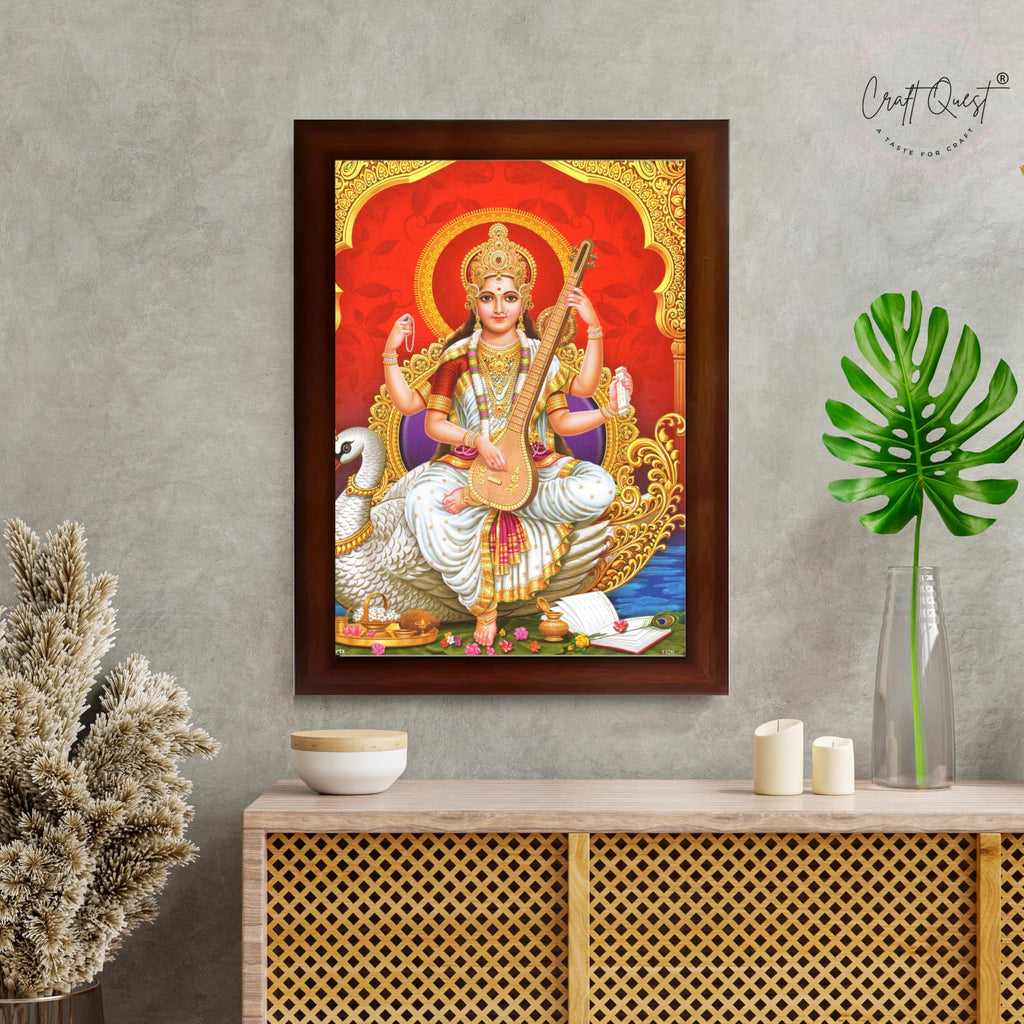 CRAFT QUEST Saraswati Devi Goddess Saraswathi Maa Wall Painting Framed For Home Décor Synthetic wood Framed