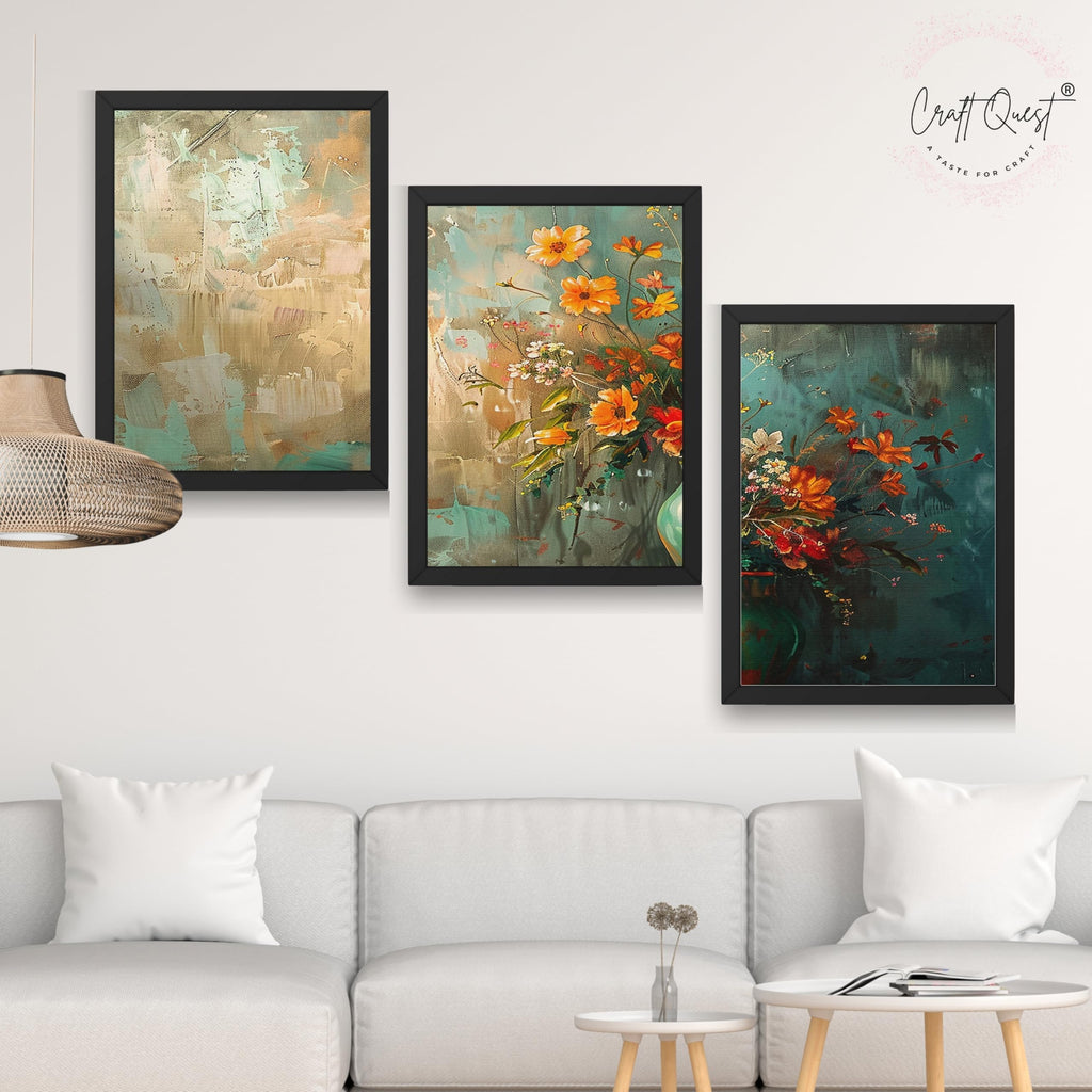 CRAFT QUEST Nature Inspired Paintings Of Flowers Wall Art | Set of 3 Frames for Home Decoration | Ideal for Living Room, Bedroom & Office