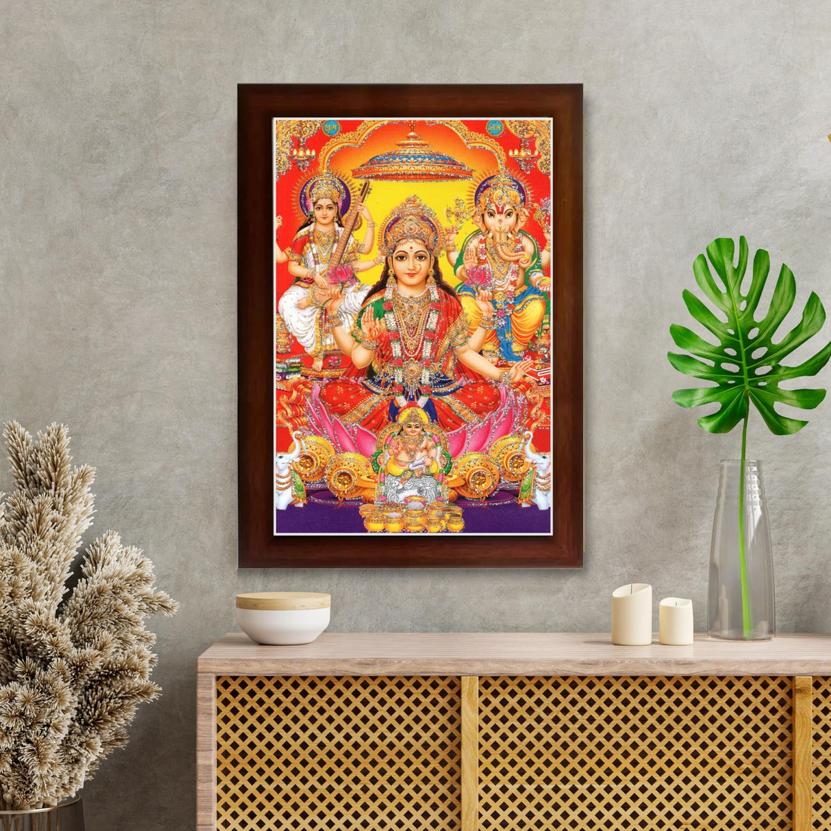 CRAFT QUEST Goddess Laxmi Ganesh Saraswati Religious God Hindu Photo Frame for Diwali,Temple, Pooja, Living Room Home and Decor Item