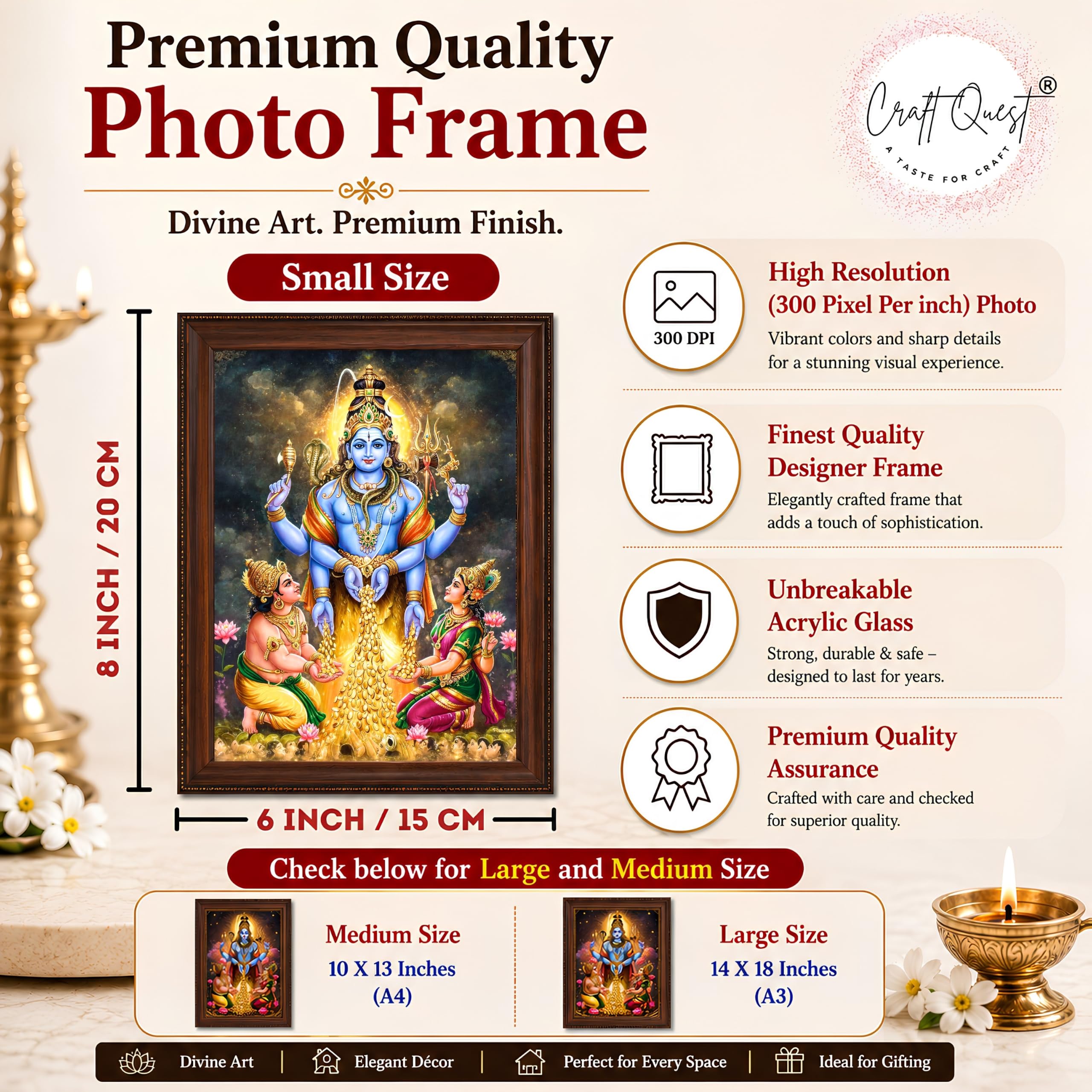 CRAFT QUEST Lord Swarnakarshana Bhairava Swamy With Lakshmi Devi and Kuber Bhagwan Religious Wall Photo Frame |Dhan Bhairav Frame for Home, Office, Temple & Gifting