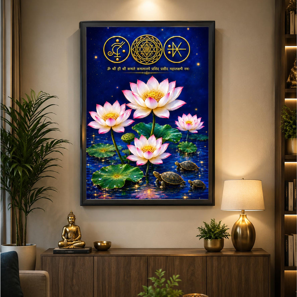 White lotus painting for wall vastu with Shree Yantra and tortoise Vastu Frame for Prosperity, Money Flow & Stability Photo Frame for Home, Office Size 8.3 * 11.9 Inch