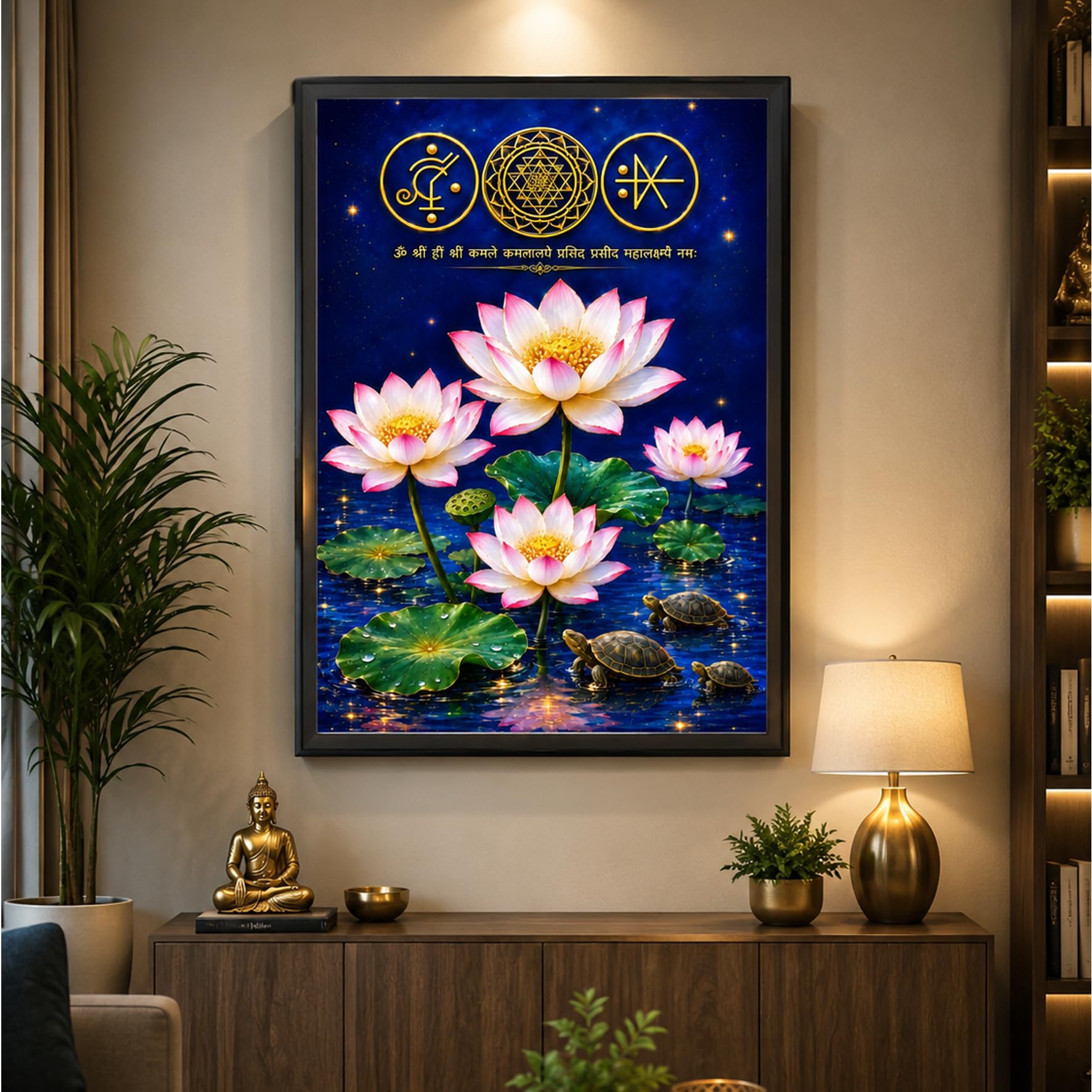 White lotus painting for wall vastu with Shree Yantra and tortoise Vastu Frame for Prosperity, Money Flow & Stability Photo Frame for Home, Office Size 8.3 * 11.9 Inch
