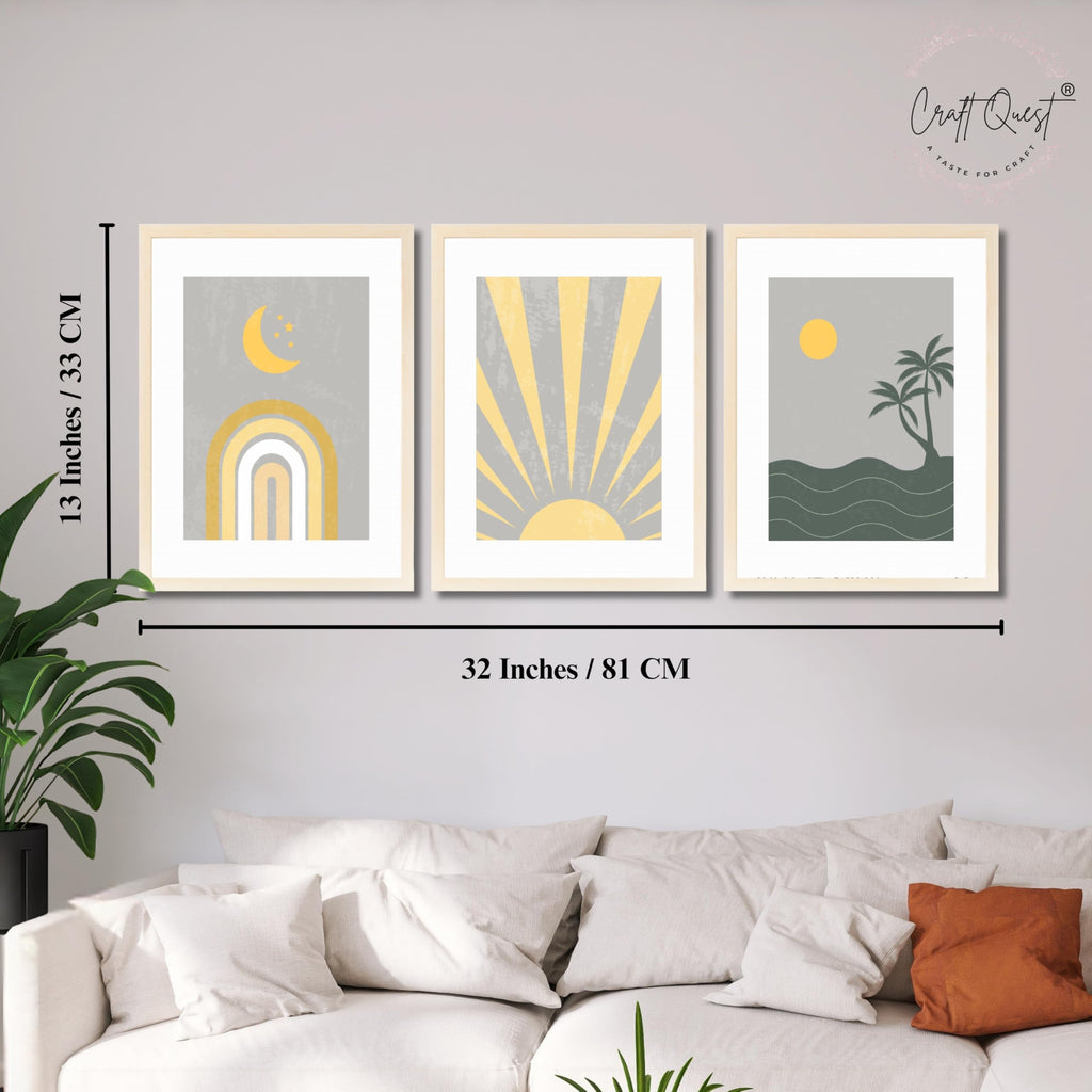 CRAFT QUEST Wall Art Decor Paintings | Set of 3 BOHO Wall Art Frames for Home Decoration | Ideal for Living Room, Bedroom & Offices