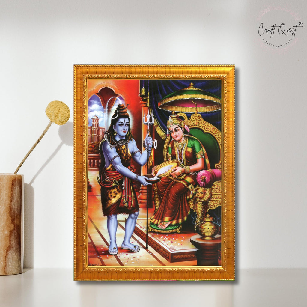 CRAFT QUEST Shiva & Maa Annapurna devi sitting on throne photo frame with Acrylic Glass for Kitchen, Food & Prosperity Blessing Hindu Wall Decor