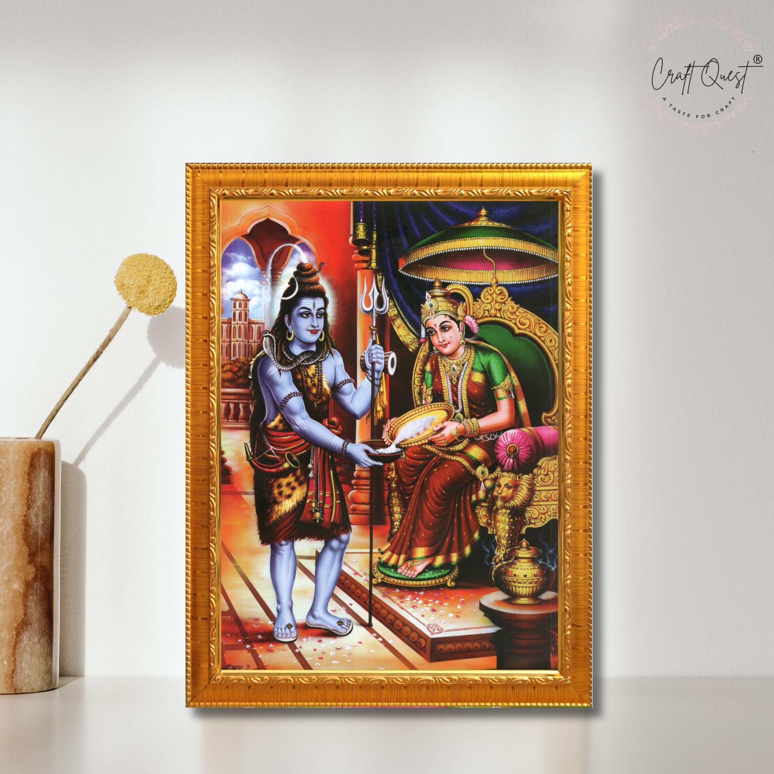 CRAFT QUEST Shiva & Maa Annapurna devi sitting on throne photo frame with Acrylic Glass for Kitchen, Food & Prosperity Blessing Hindu Wall Decor