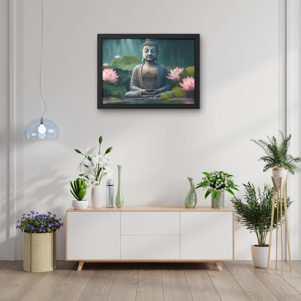CRAFT QUEST Abstract Wall Art of Meditating Buddha Religious Painting With Frame with Acrylic glass for Home and Office Décor