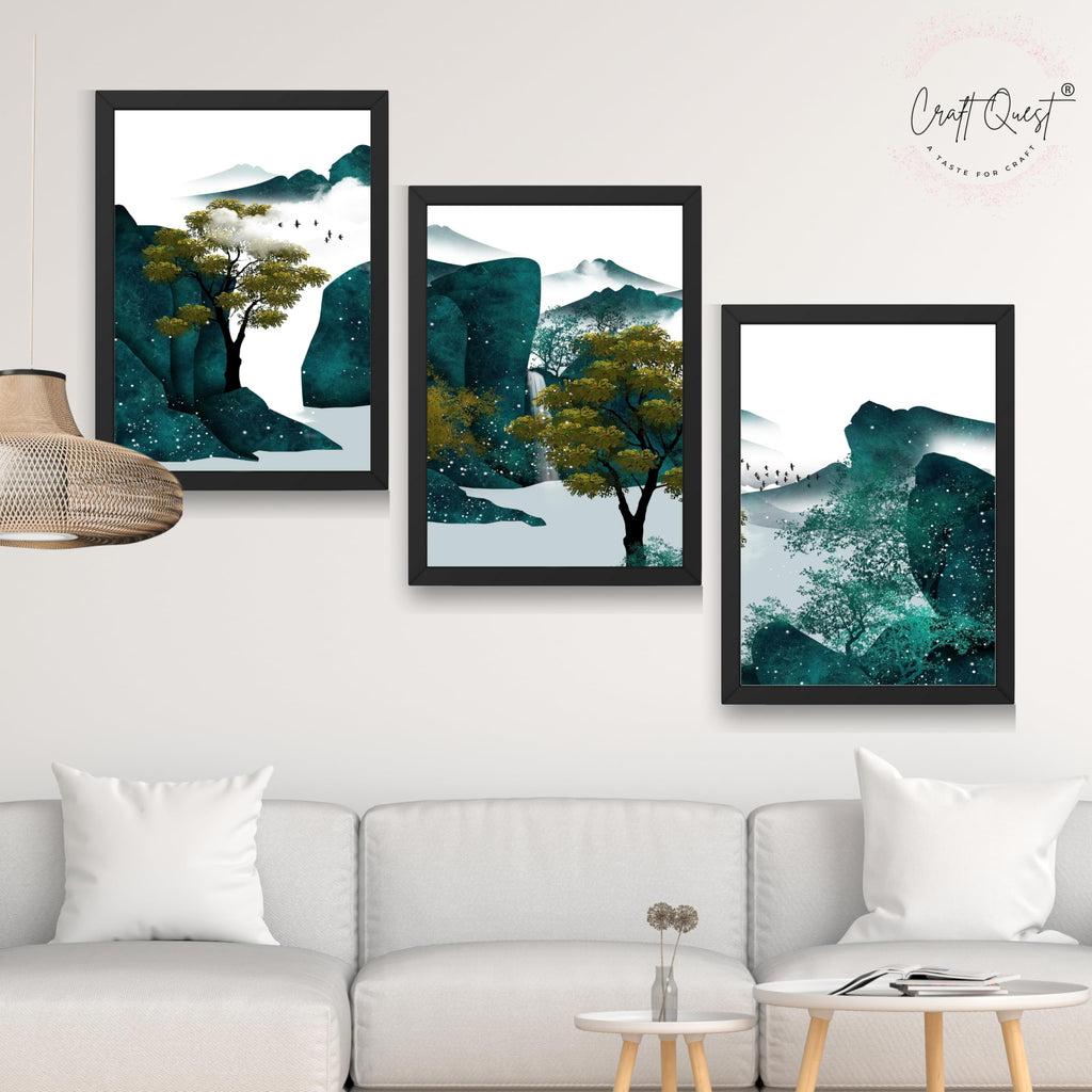CRAFT QUEST Modern Art Ink Landscape Wall Art | Set of 3 Frames for Home Decoration | Ideal for Living Room, Bedroom & Offices