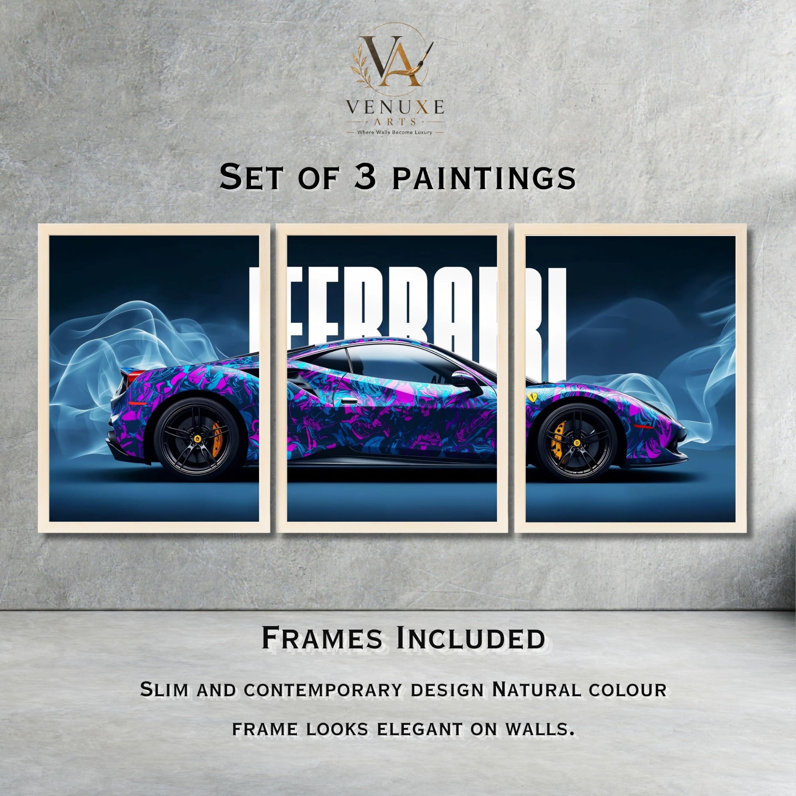VENUXE ARTS Set Of 3 Big Sports Cars Framed Posters Gift Items for Boys Room Wall Decoration Bedroom Living Room Office Studio Décor | Car Poster Frame for Wall Décor