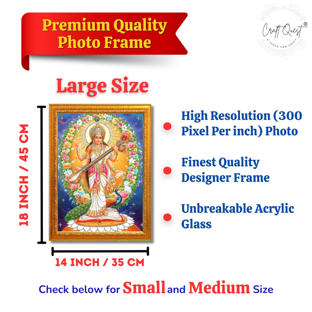 CRAFT QUEST Saraswati Devi Goddess Saraswati Maa Wall Painting Sparkle Coated Framed Home Decor wooden framed