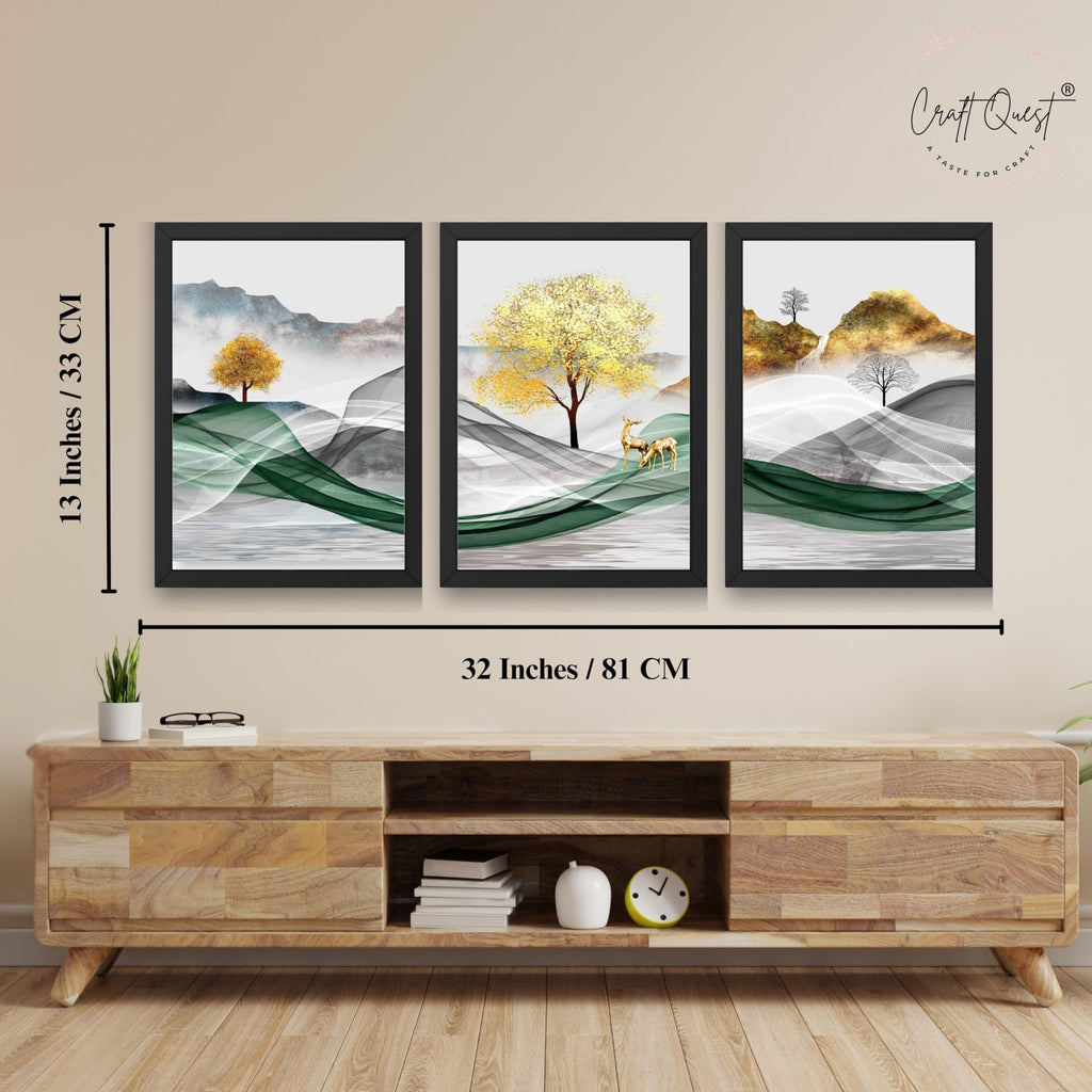 CRAFT QUEST Modern Art Landscapes Abstract Of Moose Golden Mural Wall Art | Set of 3 Frames for Home Decoration | Ideal for Living Room, Bedroom & Offices