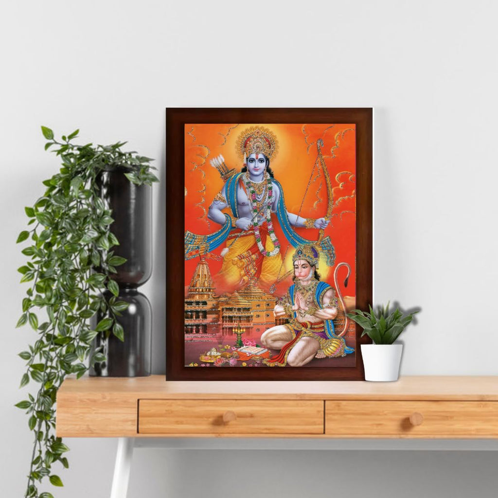 CRAFT QUEST Ayodhya Ram Mandir Photo Frame With Hanuman jii For Wall Decoration Gift Item Painting/Shree Ram Darbar Photo Frame (Large, 14 inch X 10 inch, Brown, Religious)