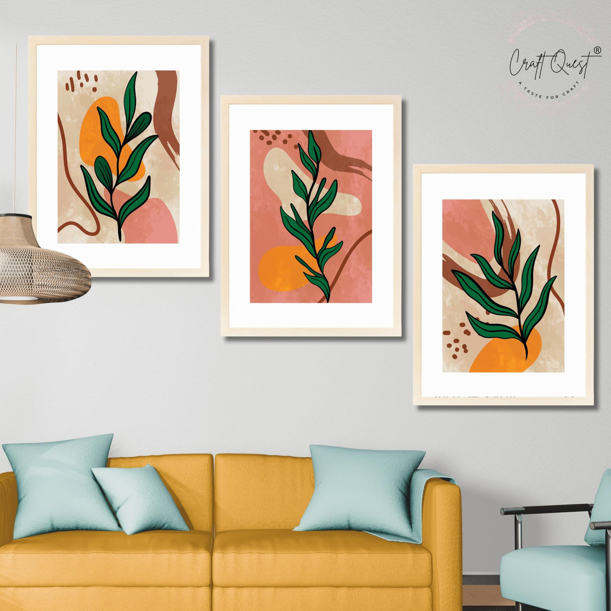CRAFT QUEST Wall Art Decor Paintings | Set of 3 BOHO Wall Art Frames for Home Decoration | Ideal for Living Room, Bedrooms & Office