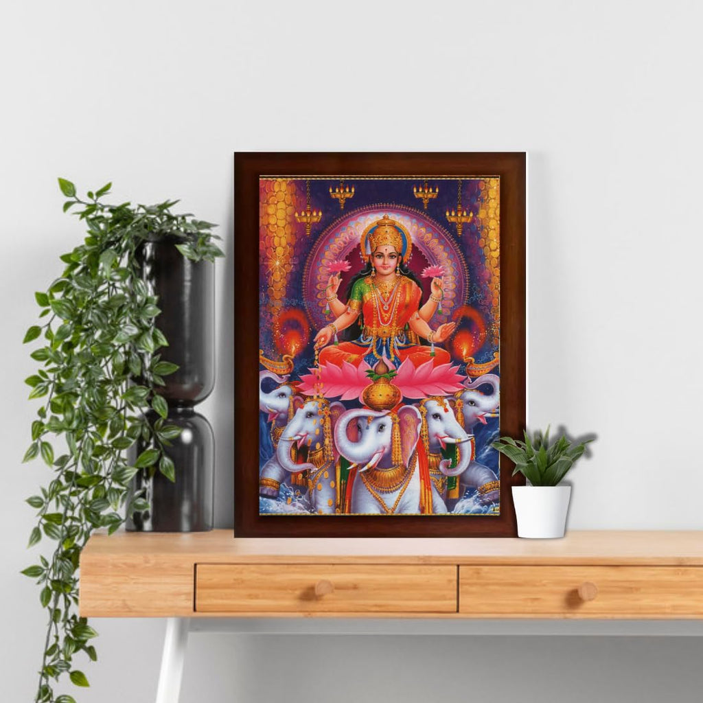 Craft Quest Goddess Lakshmi Devi Dhana Vaibhav Laxmi Maa Wall Painting Framed Home Decor (Synthetic, Matte, Brown, Medium Size, 14 X 10 Inch)