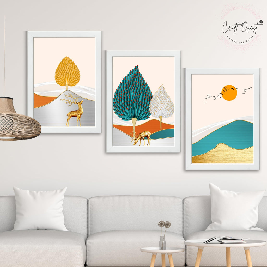 CRAFT QUEST Modern Art Landscapes Sanlian Adornment Abstract Wall Art | Set of 3 Frames for Home Decoration | Ideal for Living Room, Bedroom & Offices