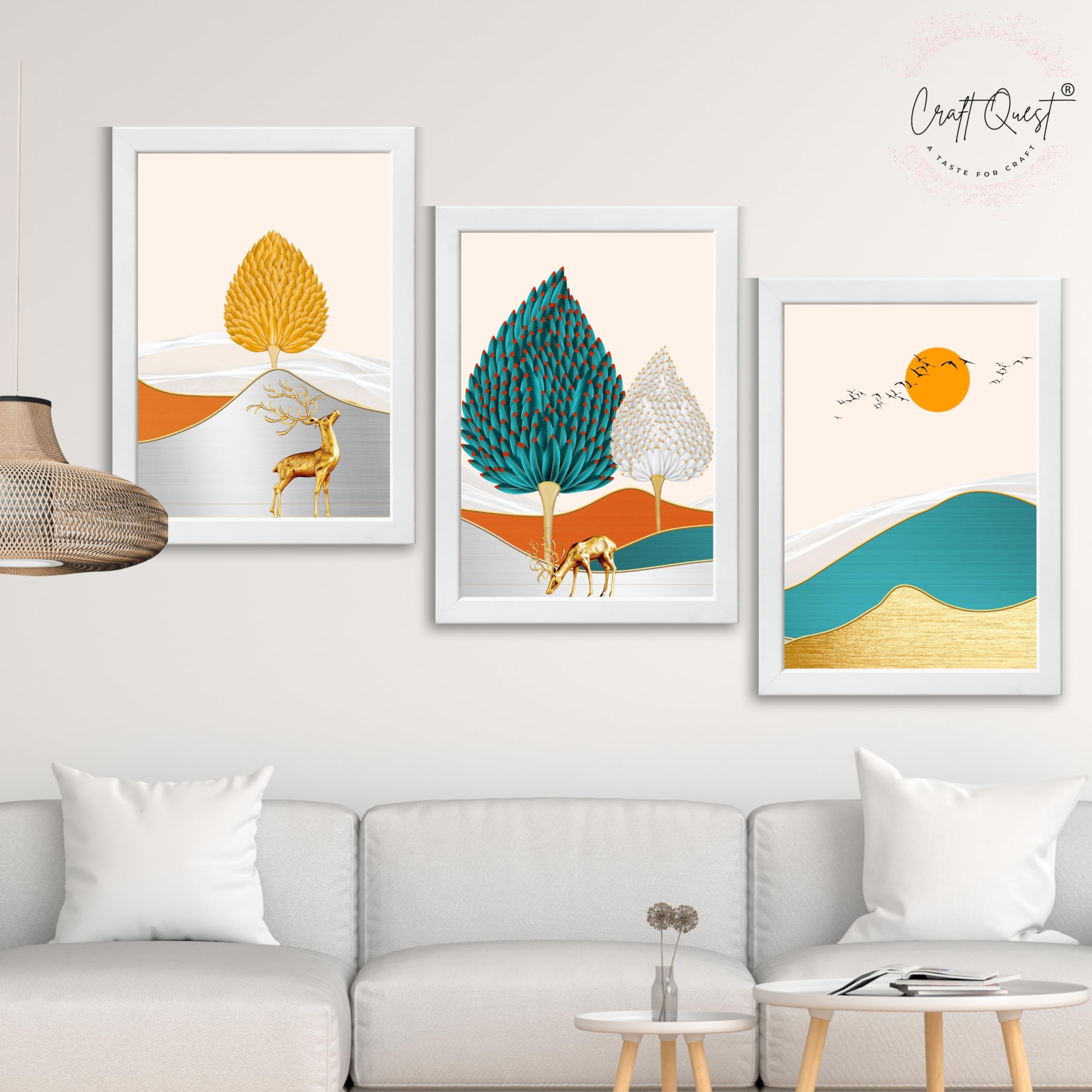 CRAFT QUEST Modern Art Landscapes Sanlian Adornment Abstract Wall Art | Set of 3 Frames for Home Decoration | Ideal for Living Room, Bedroom & Offices