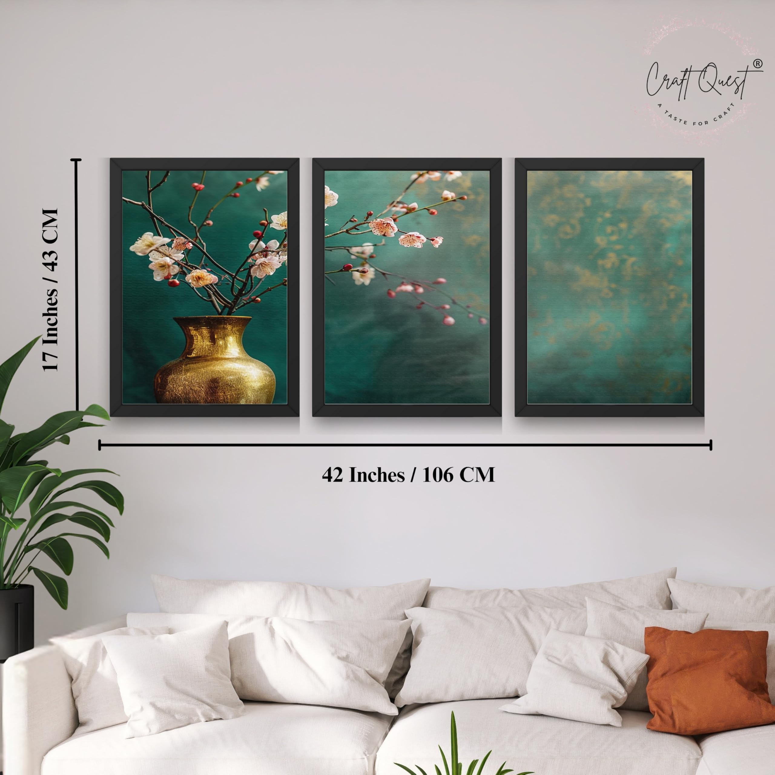 CRAFT QUEST Nature Inspired Flowers In Vase Modern Wall Art | Set of 3 Frames for Home Decoration | Ideal for Living Room, Bedroom & Offices